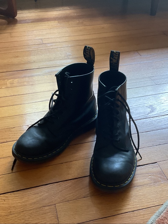 Dr. Martens Black Leather 8-Eye Boots with Yellow Stitching